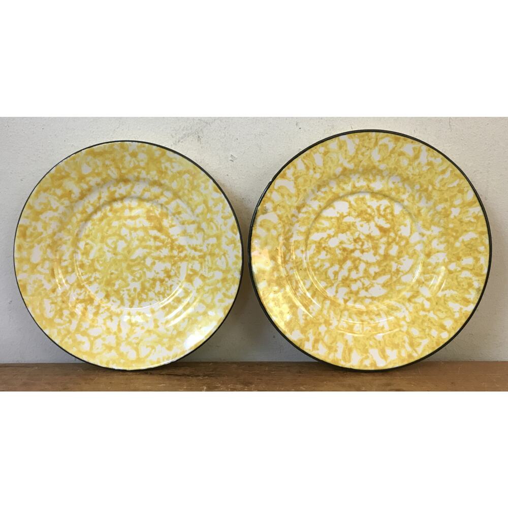 Pair 2 Vtg Stangl Hand Printed Town Country Yellow Mottled Plates Saucers 6.25"